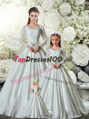 Exquisite White Long Sleeves Chapel Train Lace and Belt 15 Quinceanera Dress