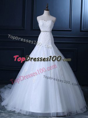 Tulle Sweetheart Sleeveless Court Train Lace Up Beading and Lace Wedding Dresses in White