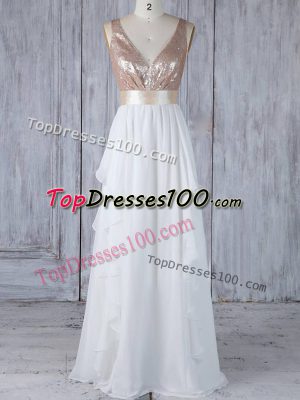 Edgy White Backless V-neck Ruffles and Sequins Bridesmaid Dresses Chiffon Sleeveless