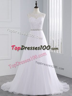 Eye-catching White Sleeveless Brush Train Beading and Lace Wedding Gowns