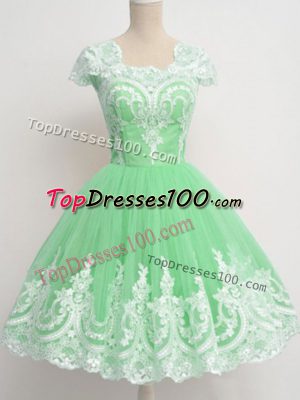 Stylish Apple Green Tulle Zipper Quinceanera Court of Honor Dress Cap Sleeves Knee Length Lace
