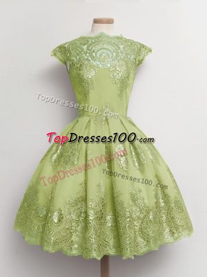 Yellow Green Tulle Lace Up Bridesmaid Dresses Cap Sleeves Knee Length Lace