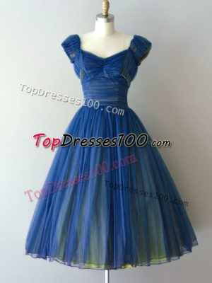 Chiffon and Tulle V-neck Cap Sleeves Lace Up Ruching Bridesmaid Gown in Blue