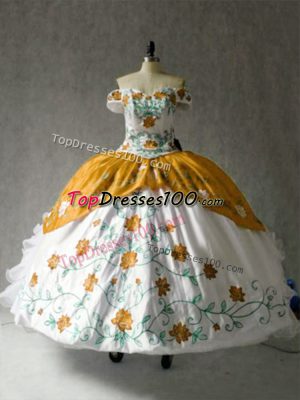 Top Selling Floor Length Multi-color Quince Ball Gowns Off The Shoulder Cap Sleeves Lace Up