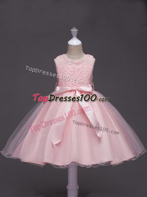 Baby Pink Tulle Zipper Scoop Sleeveless Knee Length Little Girls Pageant Dress Wholesale Lace and Belt