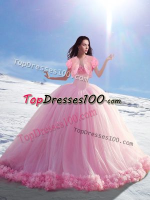 Free and Easy Baby Pink Sweet 16 Dress Off The Shoulder Sleeveless Brush Train Lace Up