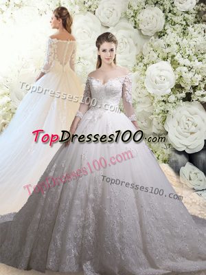 Tulle 3 4 Length Sleeve Wedding Gown Chapel Train and Lace