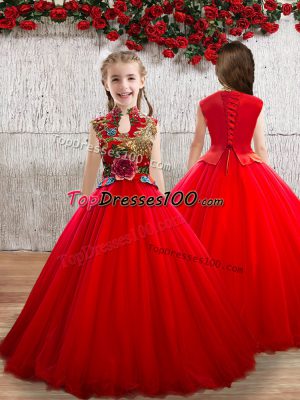 Red Sleeveless Appliques Floor Length Kids Pageant Dress