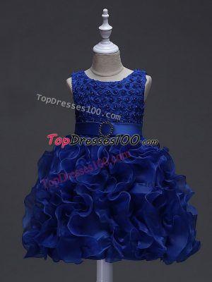 Knee Length Lace Up Kids Pageant Dress Royal Blue for Wedding Party with Ruffles and Belt