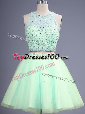 Romantic Apple Green Two Pieces Beading Bridesmaid Dresses Lace Up Tulle Sleeveless Knee Length