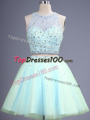 Fancy Light Blue Two Pieces Tulle Scoop Sleeveless Beading Knee Length Zipper Quinceanera Court Dresses