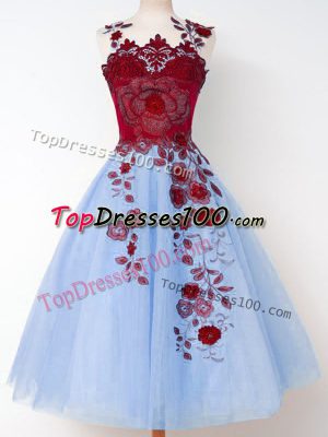 Nice Straps Sleeveless Bridesmaid Dress Knee Length Appliques Blue Tulle