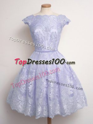 Fitting Lavender Cap Sleeves Knee Length Lace Lace Up Bridesmaid Dresses
