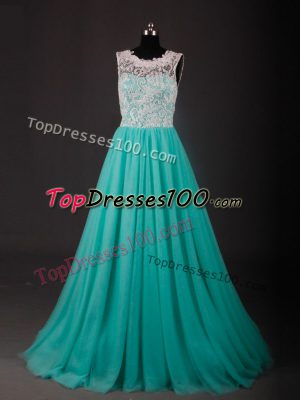 Eye-catching Turquoise Sleeveless Chiffon Sweep Train Zipper Prom Dress for Prom and Party and Sweet 16 and Beach