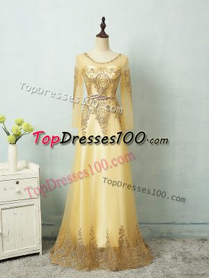 Beautiful Scoop Long Sleeves Prom Gown Floor Length Beading and Appliques and Belt Yellow Tulle