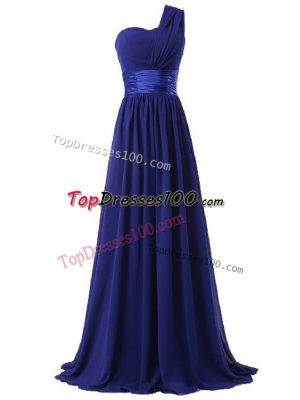 Latest Floor Length Royal Blue Quinceanera Court of Honor Dress One Shoulder Sleeveless Lace Up