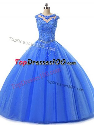 Sexy Scoop Sleeveless 15 Quinceanera Dress Floor Length Beading and Lace Blue Tulle