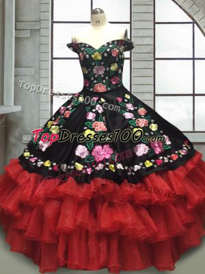 Glamorous Off The Shoulder Sleeveless Organza and Taffeta Ball Gown Prom Dress Embroidery and Ruffled Layers Lace Up