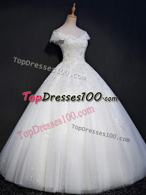 Noble Ball Gowns Wedding Dress White Off The Shoulder Tulle Sleeveless Floor Length Lace Up