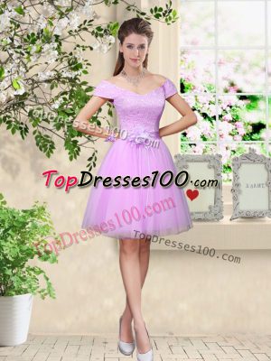 Lilac A-line Tulle V-neck Cap Sleeves Lace and Belt Knee Length Lace Up Quinceanera Dama Dress