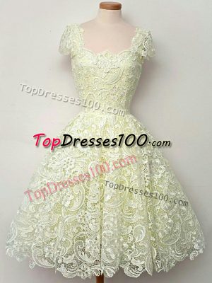 Cap Sleeves Lace Knee Length Lace Up Bridesmaid Gown in Yellow with Lace