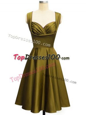 Olive Green Taffeta Lace Up Straps Sleeveless Knee Length Bridesmaid Dresses Ruching