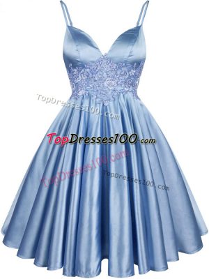 Spaghetti Straps Sleeveless Wedding Guest Dresses Knee Length Lace Light Blue Elastic Woven Satin