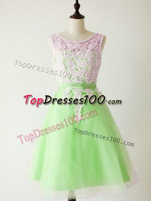 A-line Tulle Scoop Sleeveless Lace Knee Length Lace Up Bridesmaid Dresses