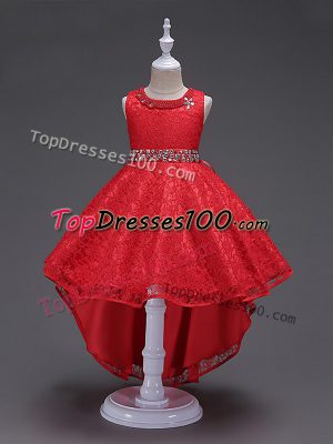 Red Flower Girl Dress Wedding Party with Beading Scoop Sleeveless Lace Up