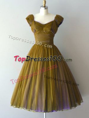 Delicate V-neck Cap Sleeves Bridesmaid Dress Knee Length Ruching Olive Green Chiffon