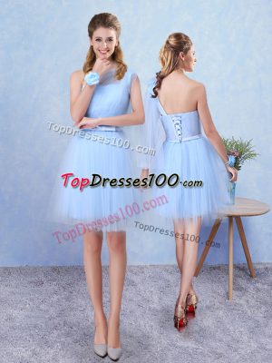Fancy Sleeveless Mini Length Belt Lace Up Bridesmaid Gown with Aqua Blue