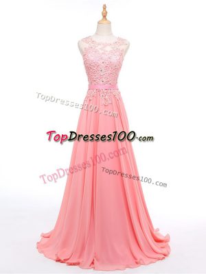 Sleeveless Formal Evening Gowns Brush Train Beading and Lace Watermelon Red Chiffon