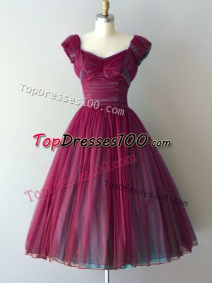 Chic Chiffon V-neck Cap Sleeves Lace Up Ruching Bridesmaid Dress in Burgundy