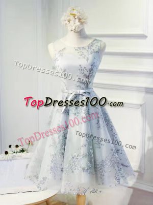 Delicate Organza Scoop Sleeveless Lace Up Lace and Appliques and Belt in Grey