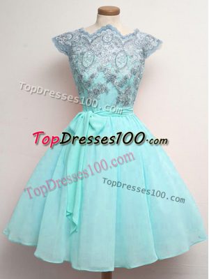Cute Aqua Blue A-line Lace and Belt Bridesmaids Dress Lace Up Chiffon Cap Sleeves Knee Length