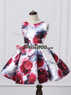 Cute Multi-color Printed Zipper Scoop Sleeveless Mini Length Toddler Flower Girl Dress Pattern and Belt