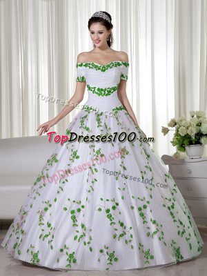 Short Sleeves Organza Floor Length Lace Up 15th Birthday Dress in White with Embroidery