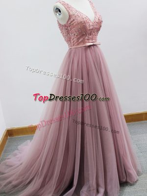 Beautiful Tulle Sleeveless Vestidos de Damas Brush Train and Beading and Belt