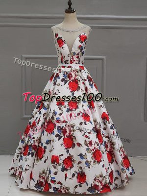 Multi-color A-line Scoop Sleeveless Printed Floor Length Lace Up Pattern Prom Evening Gown