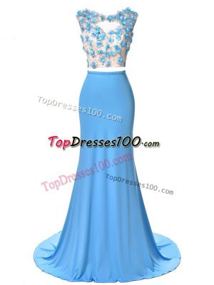 Blue Chiffon Backless Scoop Sleeveless Pageant Dress for Womens Brush Train Hand Made Flower