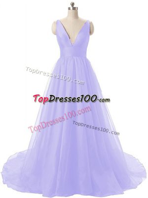 Beautiful Organza V-neck Sleeveless Brush Train Backless Ruching Homecoming Dress Online in Lavender