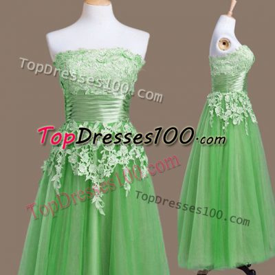 Tea Length Green Bridesmaids Dress Strapless Sleeveless Lace Up