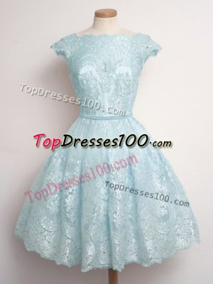 Light Blue Lace Up Wedding Guest Dresses Lace Cap Sleeves Knee Length