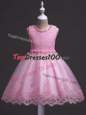 Rose Pink Ball Gowns Lace Girls Pageant Dresses Zipper Tulle Sleeveless Knee Length