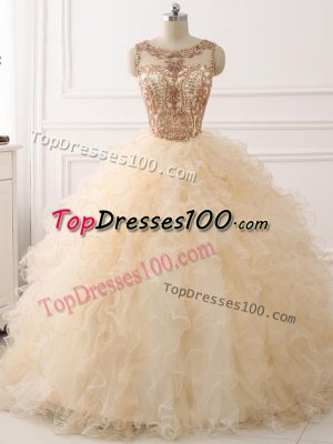 Wonderful Sleeveless Organza Sweep Train Lace Up Quinceanera Gowns in Champagne with Beading and Ruffles