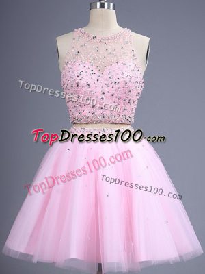 Rose Pink Scoop Neckline Beading Bridesmaid Gown Sleeveless Lace Up