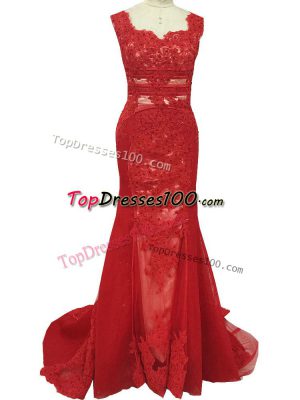 Wonderful Red Sleeveless Tulle Brush Train Zipper Mother Dresses for Prom and Military Ball and Beach