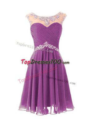 Dynamic Purple Zipper Scoop Beading Dress for Prom Chiffon Cap Sleeves