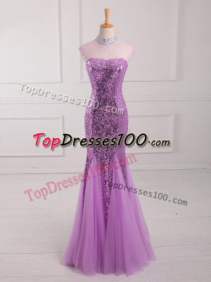 Luxurious Lilac Mermaid Halter Top Sleeveless Tulle and Sequined Floor Length Lace Up Beading and Sequins Evening Dresses