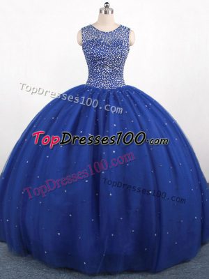 Fitting Floor Length Zipper Quinceanera Gown Royal Blue for Sweet 16 and Quinceanera with Beading